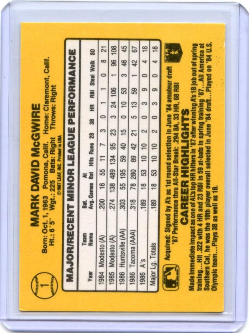 1987 donruss rookies #1 MARK MCGWIRE oakland athletics ROOKIE card Image 2