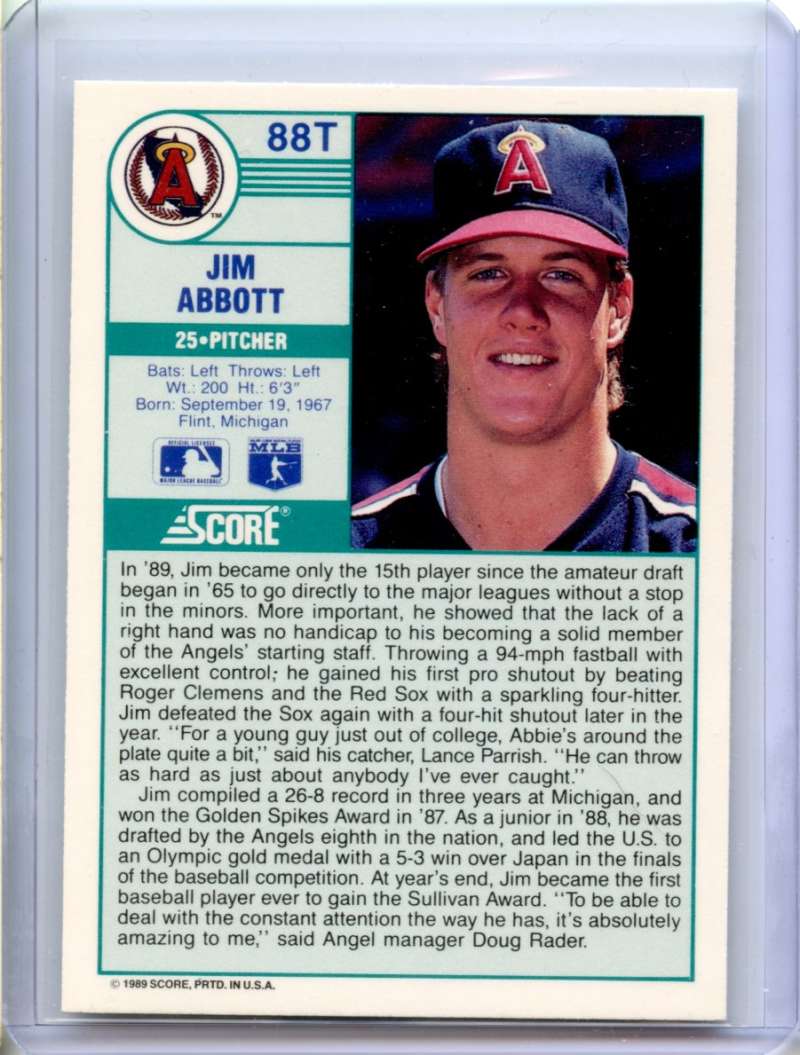 Jim Abbott Rookie Card 1989 Score #88T California Angels Image 2