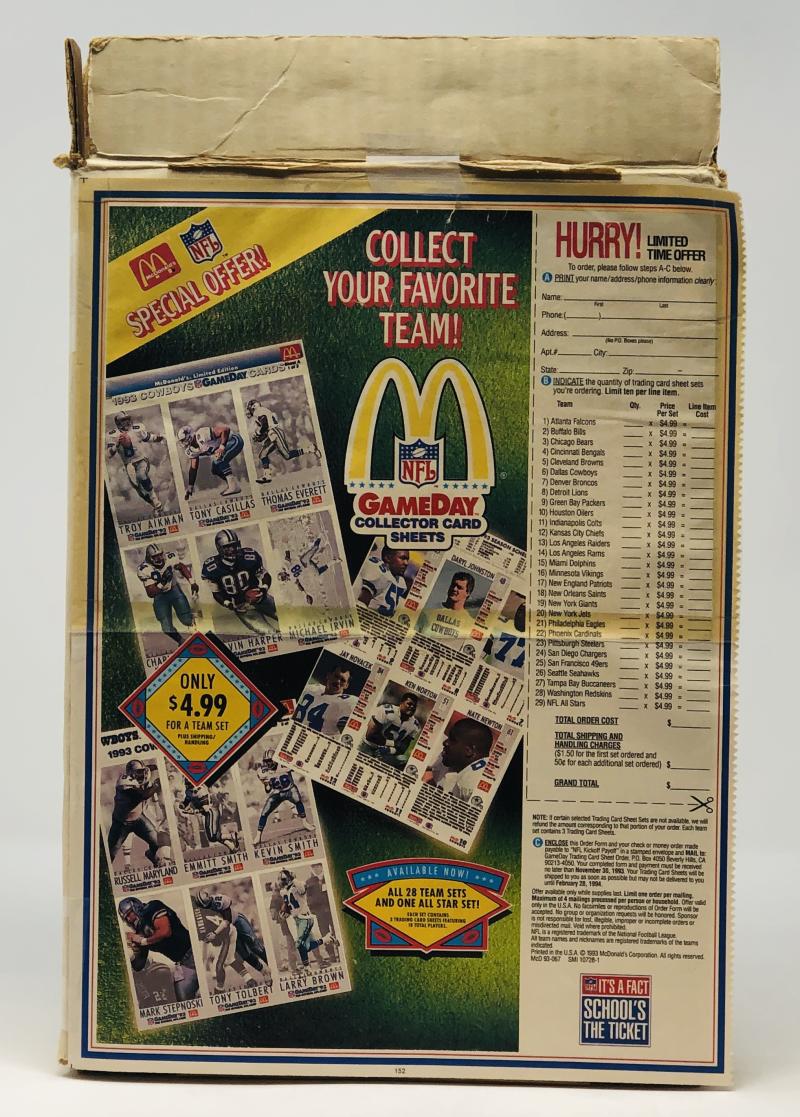 1993 McDonald's Collector Card Game Day Football Sheet Jerome Bettis R –