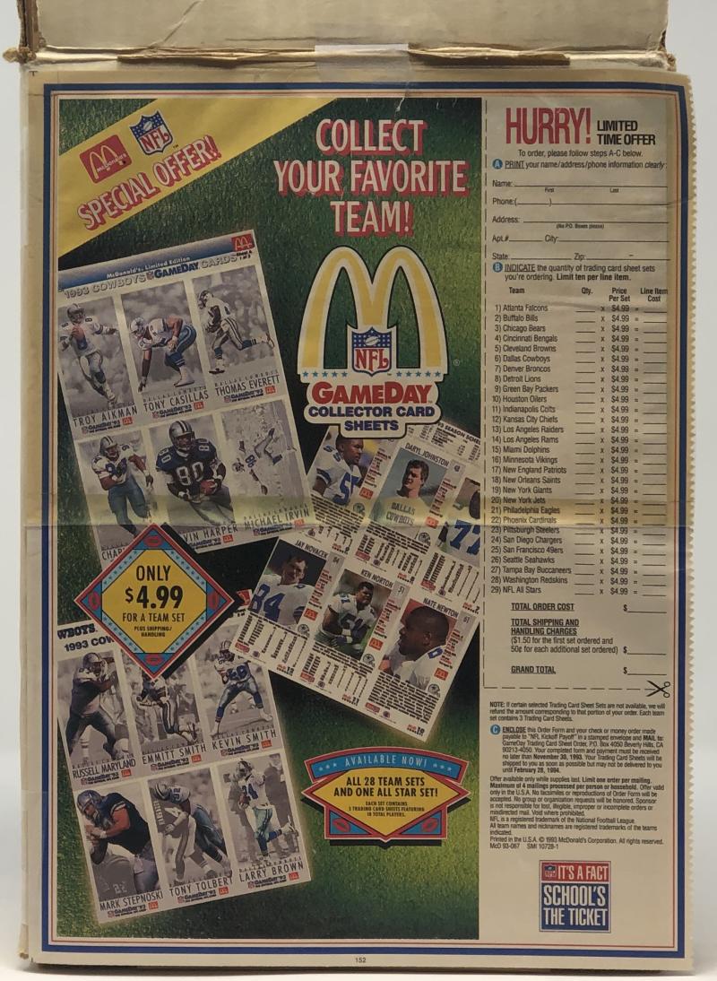 1993 Washington Redskins McDonald's Game Day Cards Complete Set