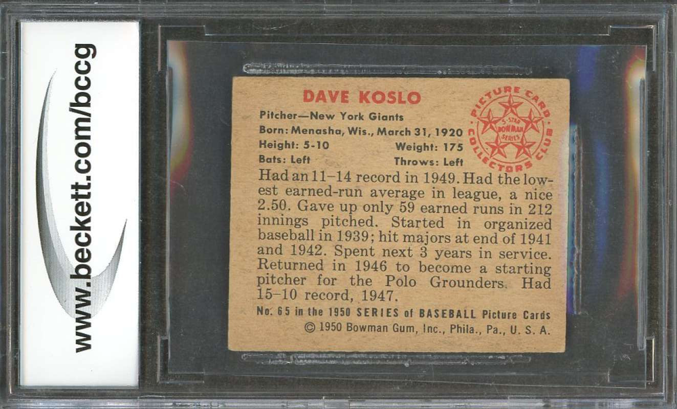 Dave Koslo Card 1950 Bowman #65 New York Giants (Vg Or Better) BGS BCCG 7 Image 2