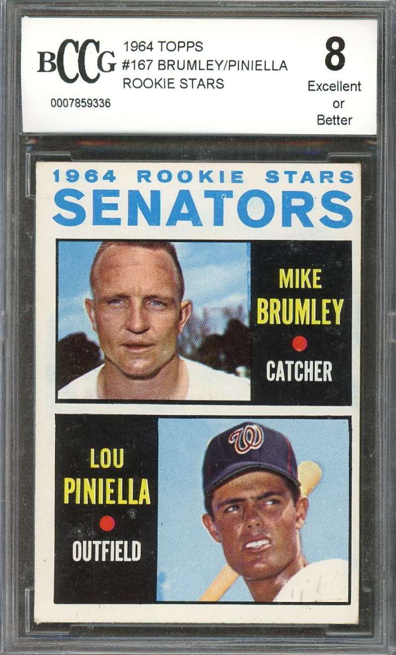 Mike Brumley/ Lou Piniella Rookie Card 1964 Topps #167 Senators BGS BCCG 8 Image 1