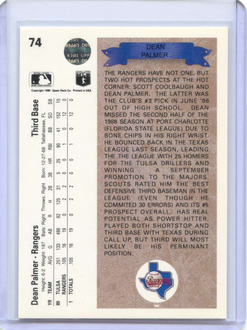 Dean Palmer Rookie Card 1990 Upper Deck #74 Texas Rangers Image 2