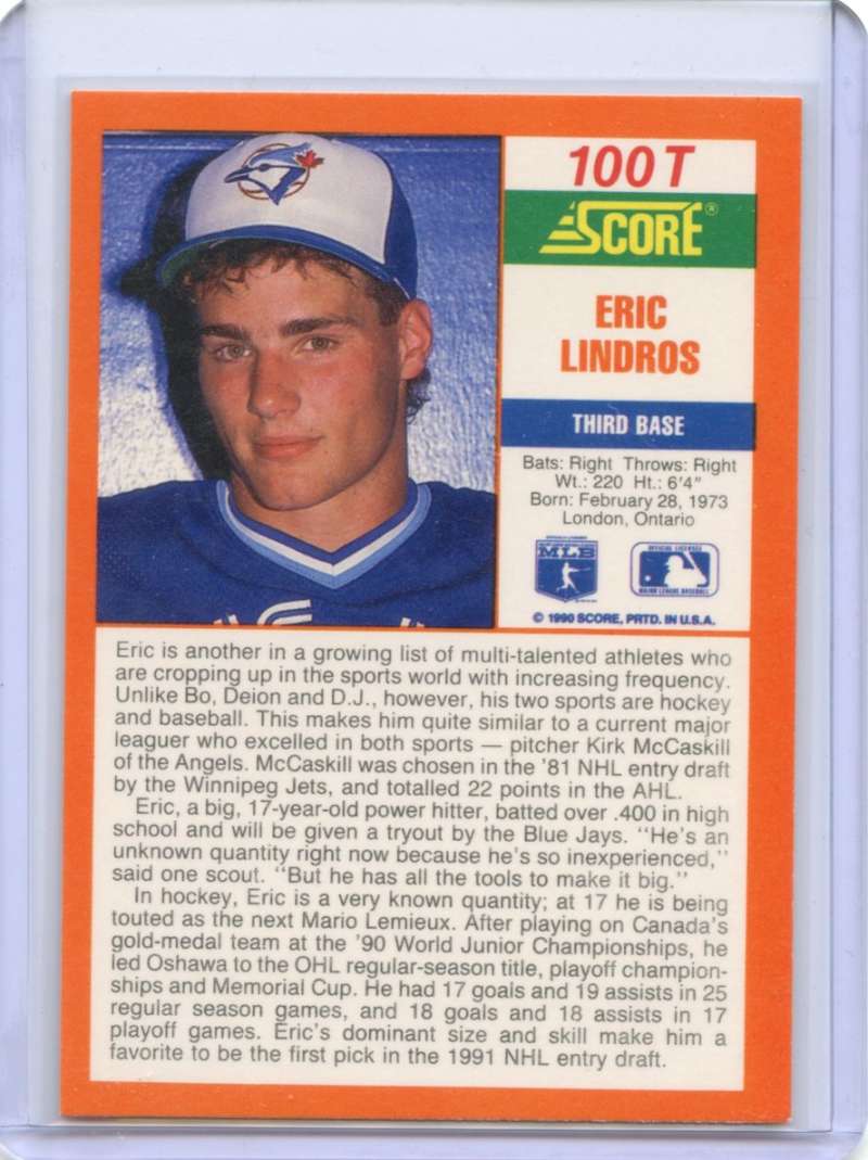 Eric Lindos Rookie Eric Lindros Rookie Card 1990 Score Traded #100T Toronto Blue Jays ...