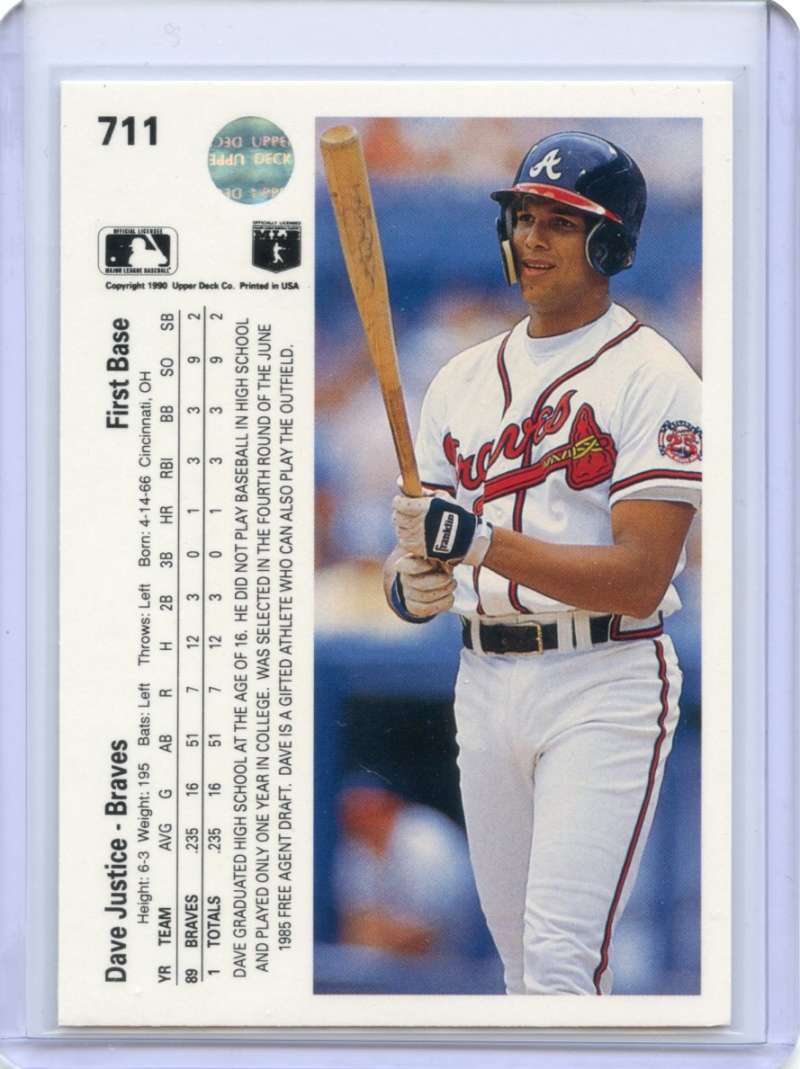 Dave Justice Rookie Card 1990 Upper Deck #711 Atlanta Braves Image 2