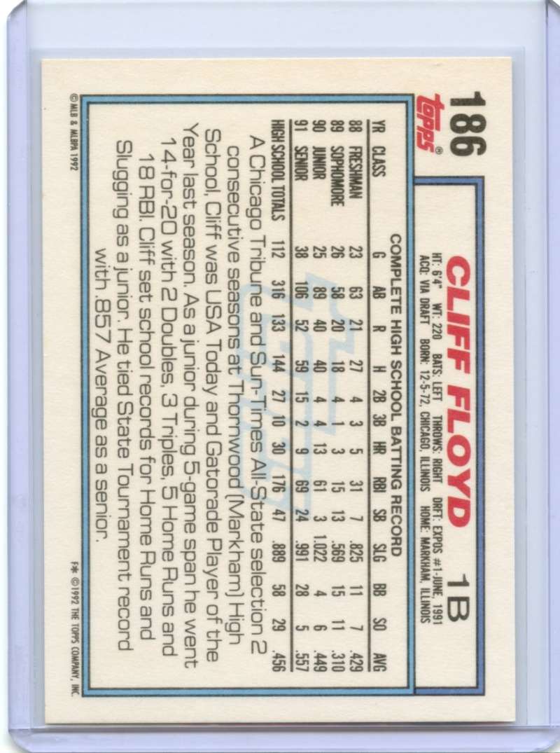 Cliff Floyd Rookie Card 1992 Topps Draft Pick #186 Montreal Expos Image 2