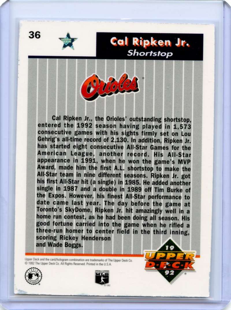 Cal Ripken Jr. Card 1992 Upper Deck All Star Fan Fest Future #36 Orioles Image 2