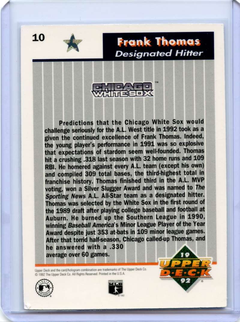 Frank Thomas Card 1992 Upper Deck All Star Fan Fest Future #10 Chicago White Sox Image 2