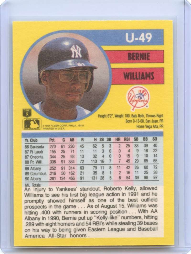 Bernie Williams Rookie Card 1991 Fleer Update #U49 New York Yankees Image 2