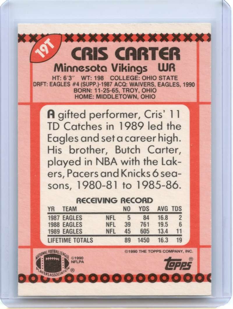 Cris Carter Rookie Card 1990 Topps #19T Minnesota Vikings Image 2
