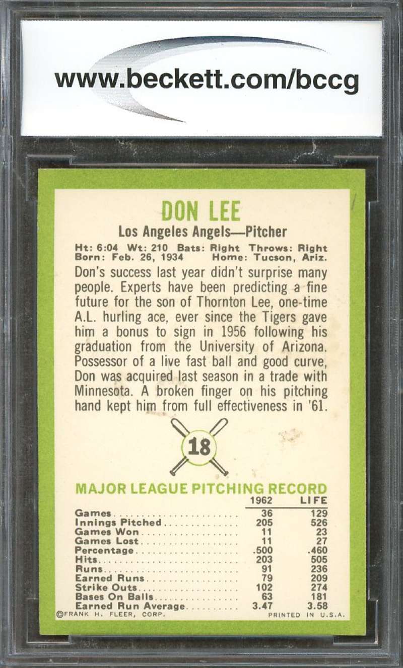 Don Lee Card 1963 Fleer #18 Los Angeles Angels BGS BCCG 8 Image 2