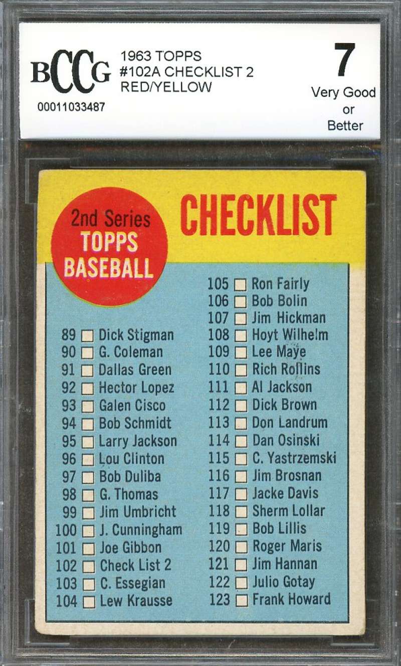 Checklist 2 Red/Yellow  1963 Topps #102A Unmarked Checklist BGS BCCG 7 Image 1