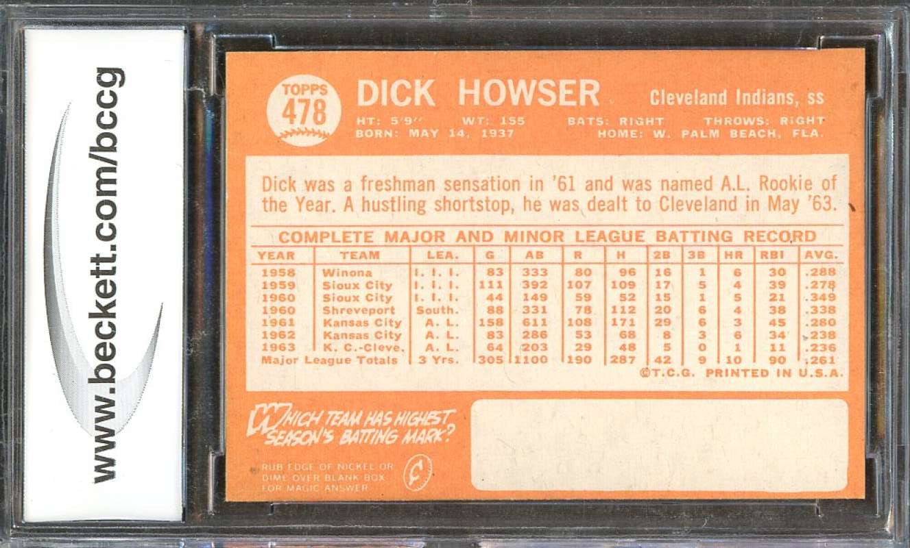 Dick Howser Card 1964 Topps #478 Cleveland Indians BGS BCCG 9 Image 2