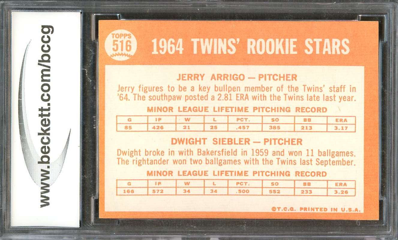 Jerry Arrigo / Dwight Siebler Rookie Card 1964 Topps #516 Twins BGS BCCG 8 Image 2