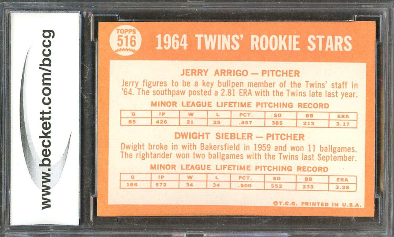 Jerry Arrigo / Dwight Siebler Rookie Card 1964 Topps #516 Twins BGS BCCG 9 Image 2