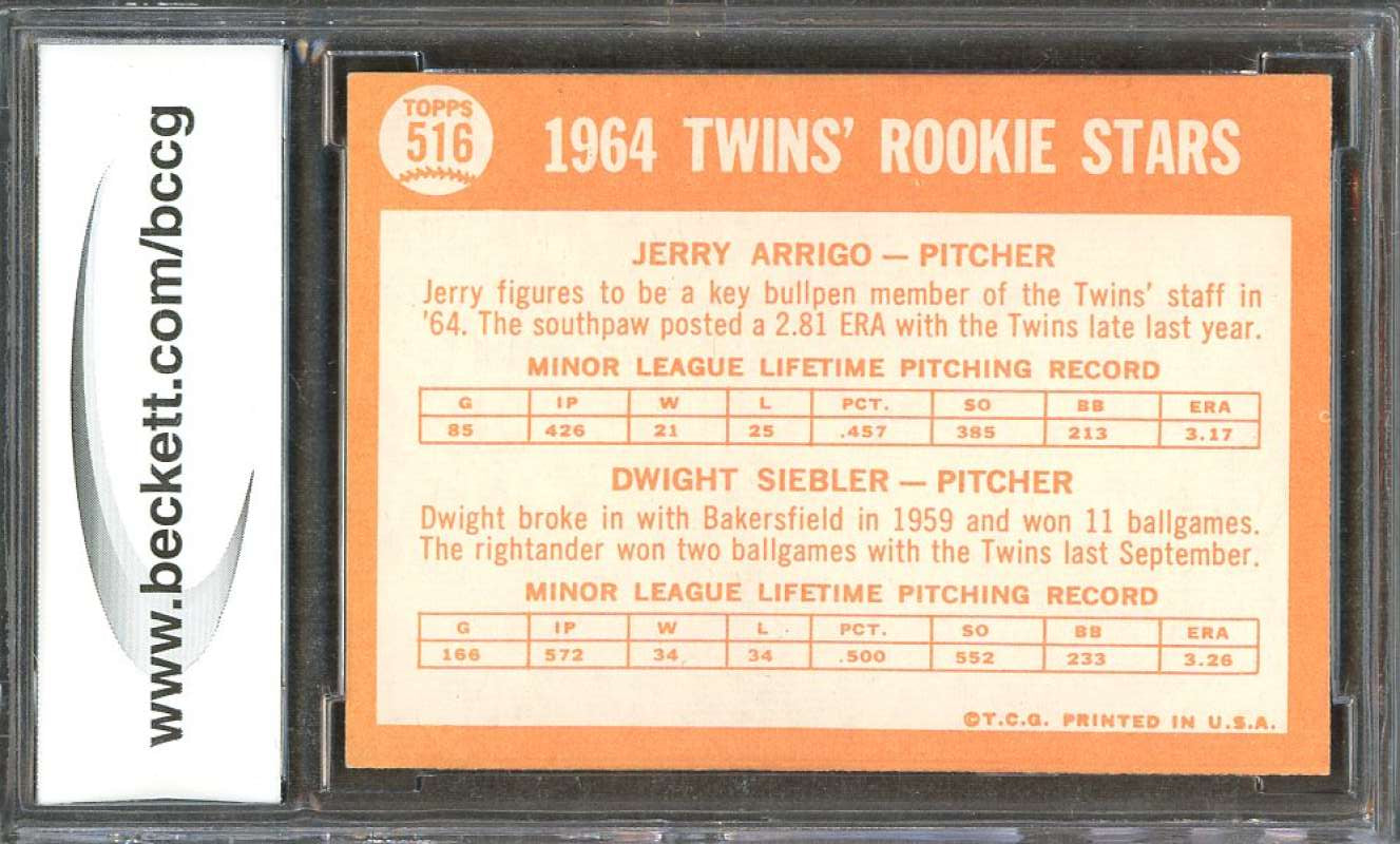 Jerry Arrigo / Dwight Siebler Rookie Card 1964 Topps #516 Twins BGS BCCG 9 Image 2