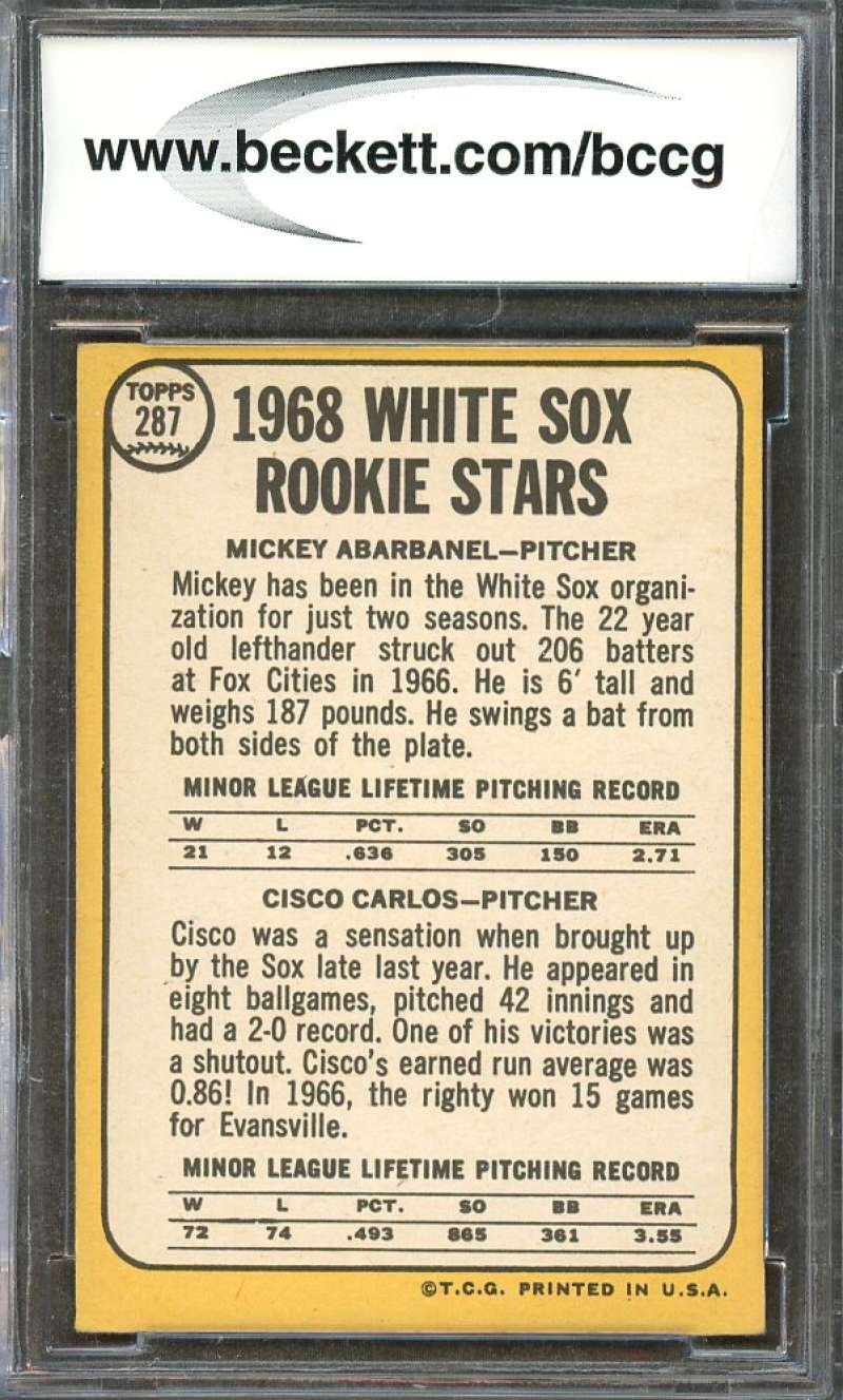 Mickey Abarbanel / Cisco Carlos Rookie Card 1968 Topps #287 White Sox BGS BCCG 8 Image 2