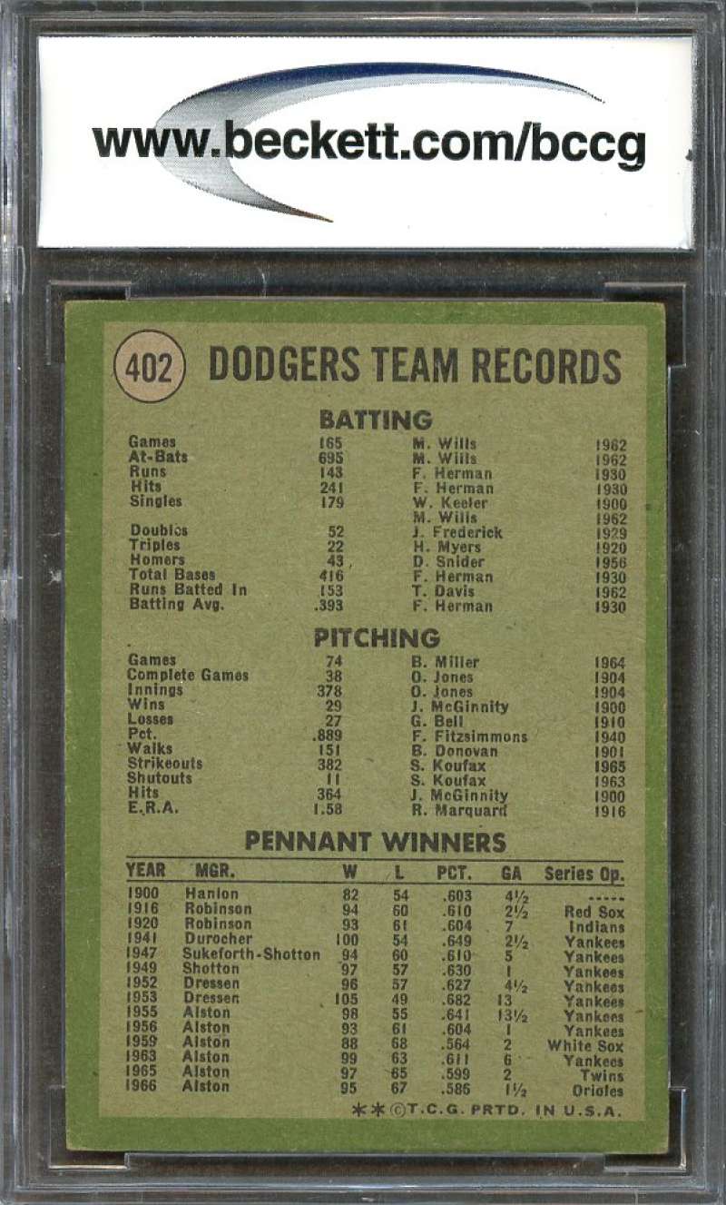 Los Angeles Dodgers Tc Team Card 1971 Topps #402 BGS BCCG 7 Image 2