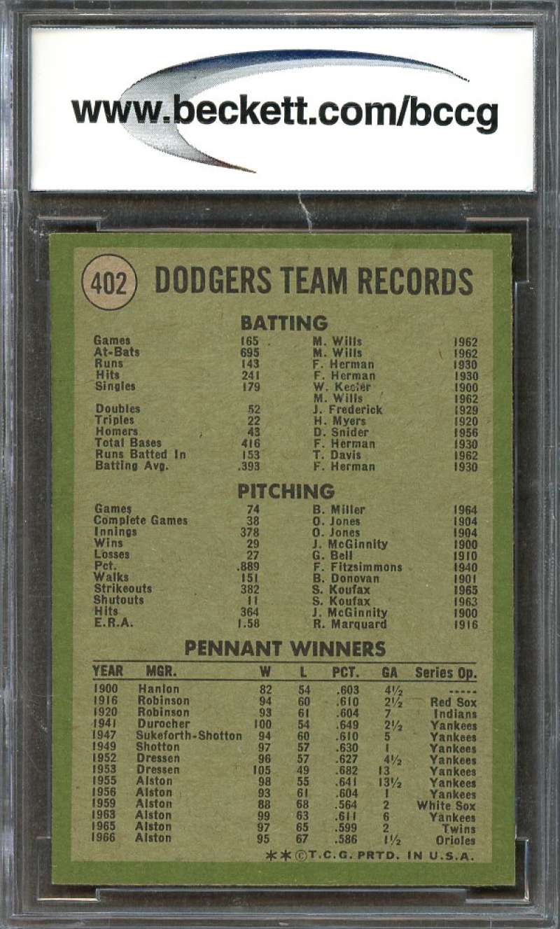 Los Angeles Dodgers Tc Team Card 1971 Topps #402 BGS BCCG 9 Image 2