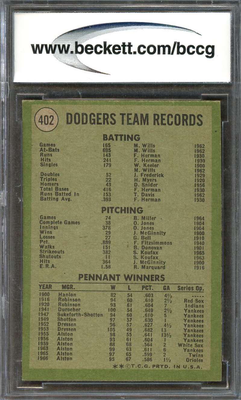 Los Angeles Dodgers Tc Team Card 1971 Topps #402 BGS BCCG 9 Image 2