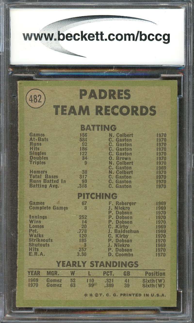 San Diego Padres Tc Team Card 1971 Topps #482 BGS BCCG 9 Image 2