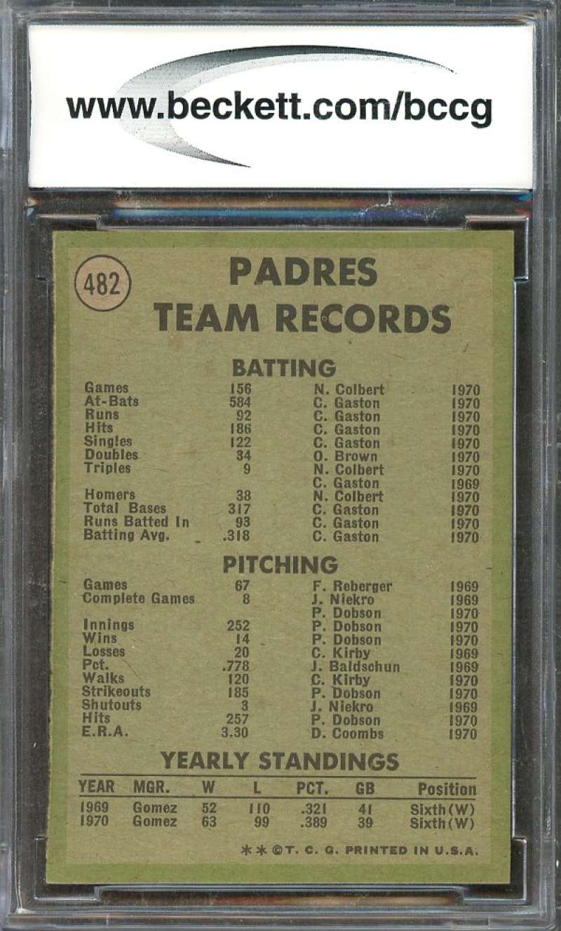 San Diego Padres Tc Team Card 1971 Topps #482 BGS BCCG 9 Image 2