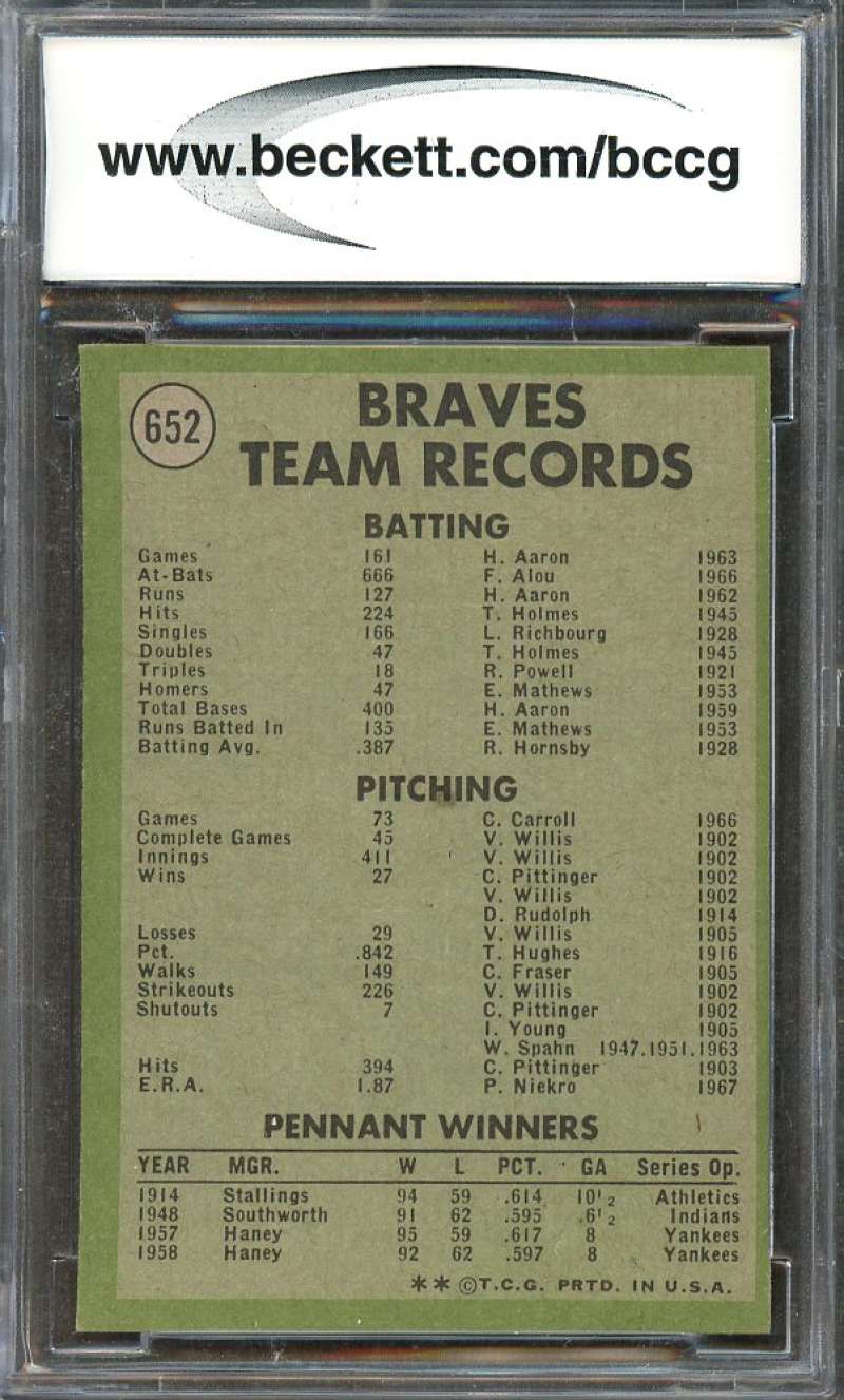 Atlanta Braves Tc Team Card 1971 Topps #652 (W/Hank Aaron) BGS BCCG 9 Image 2