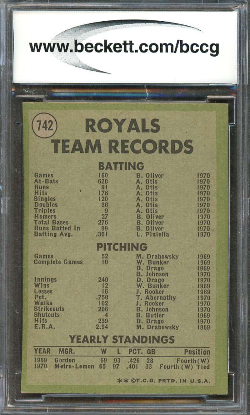 Kansas City Royals Tc Team Card 1971 Topps #742 BGS BCCG 9 Image 2