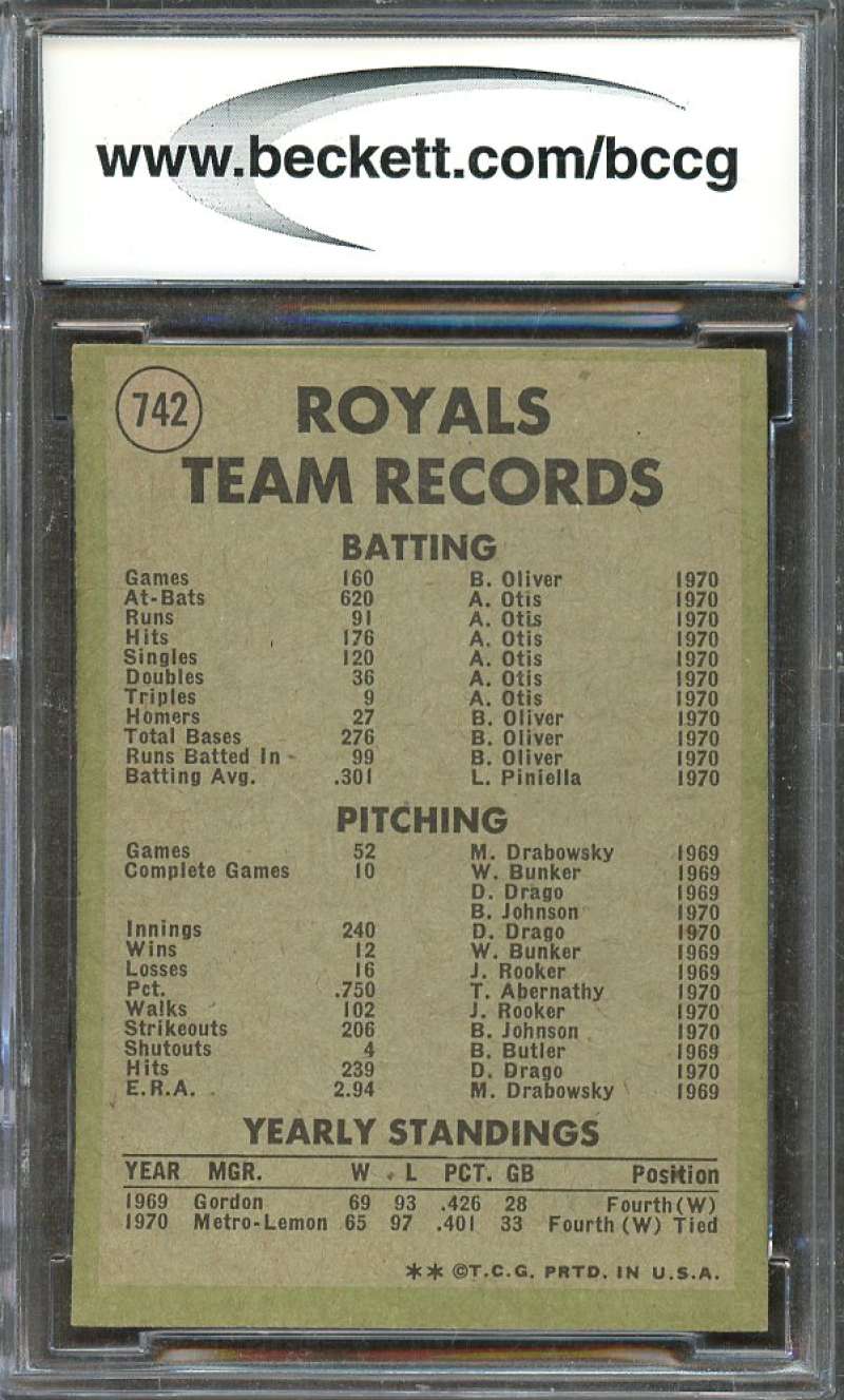 Kansas City Royals Tc Team Card 1971 Topps #742 BGS BCCG 9 Image 2