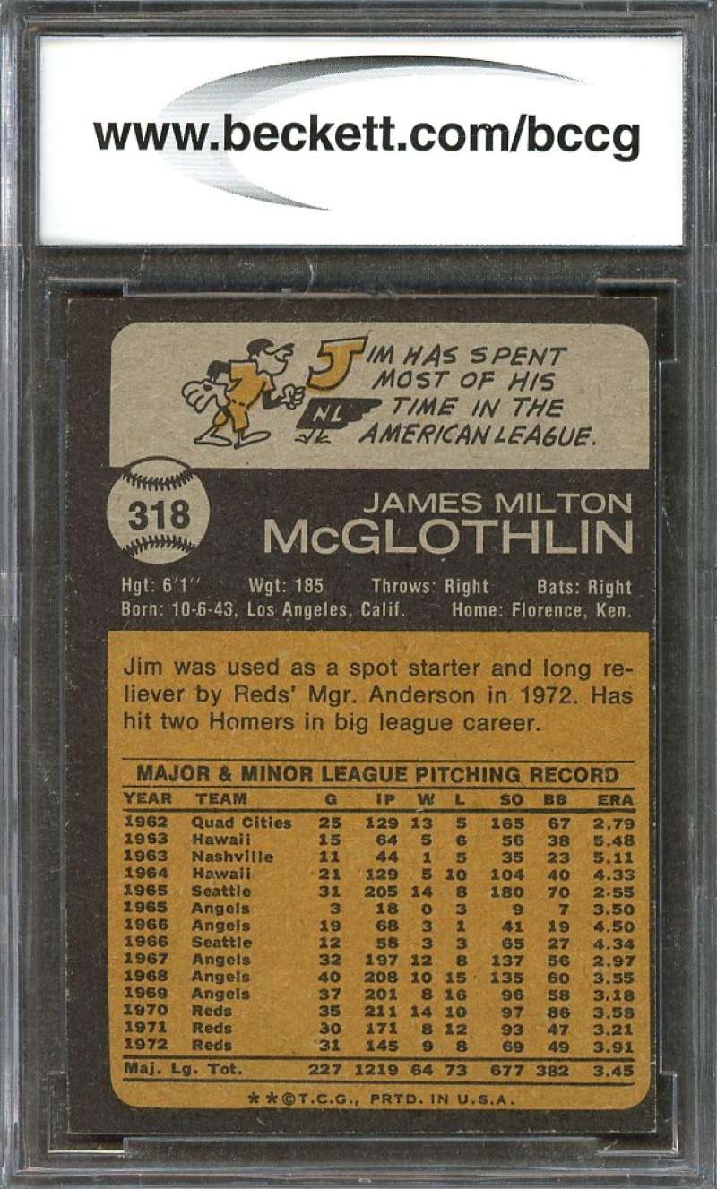 Jim Mcglothlin Card 1973 Topps #318 Cincinnati Reds BGS BCCG 10 Image 2