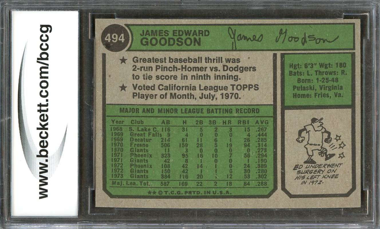 Ed Goodson Card 1974 Topps #494 San Francisco Giants BGS BCCG 9 Image 2