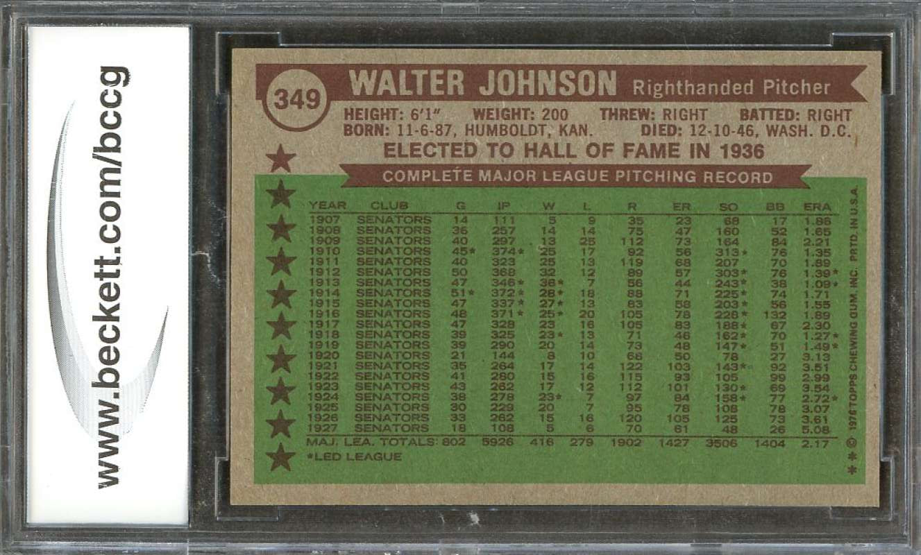 Walter Johnson Card 1976 Topps #349 Washington Senators BGS BCCG 10 Image 2