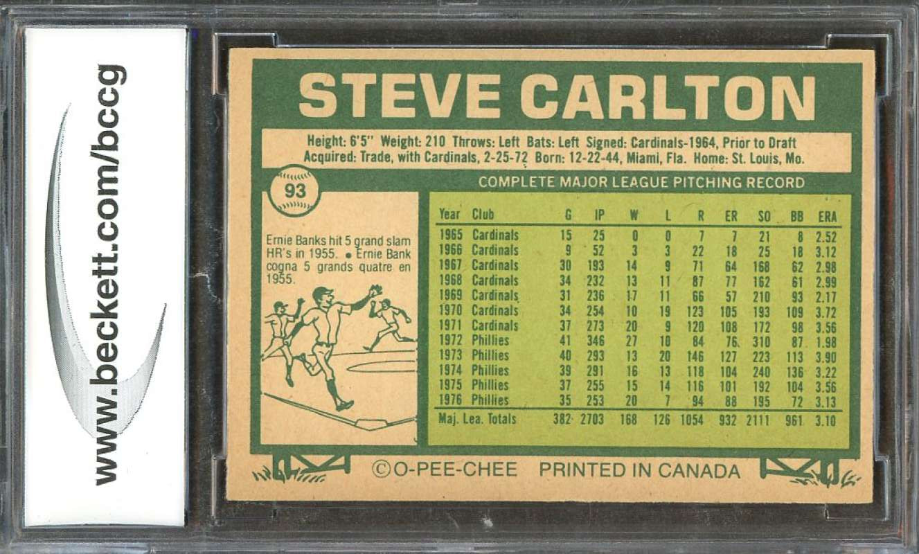 Steve Carlton Card 1977 O-Pee-Chee #93 Philadelphia Phillies BGS BCCG 7 Image 2