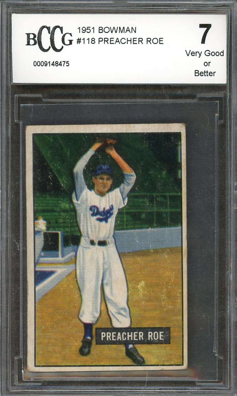 Preacher Roe Card 1951 Bowman #118 Brooklyn Dodgers (Vg Or Better) BGS BCCG 7 Image 1