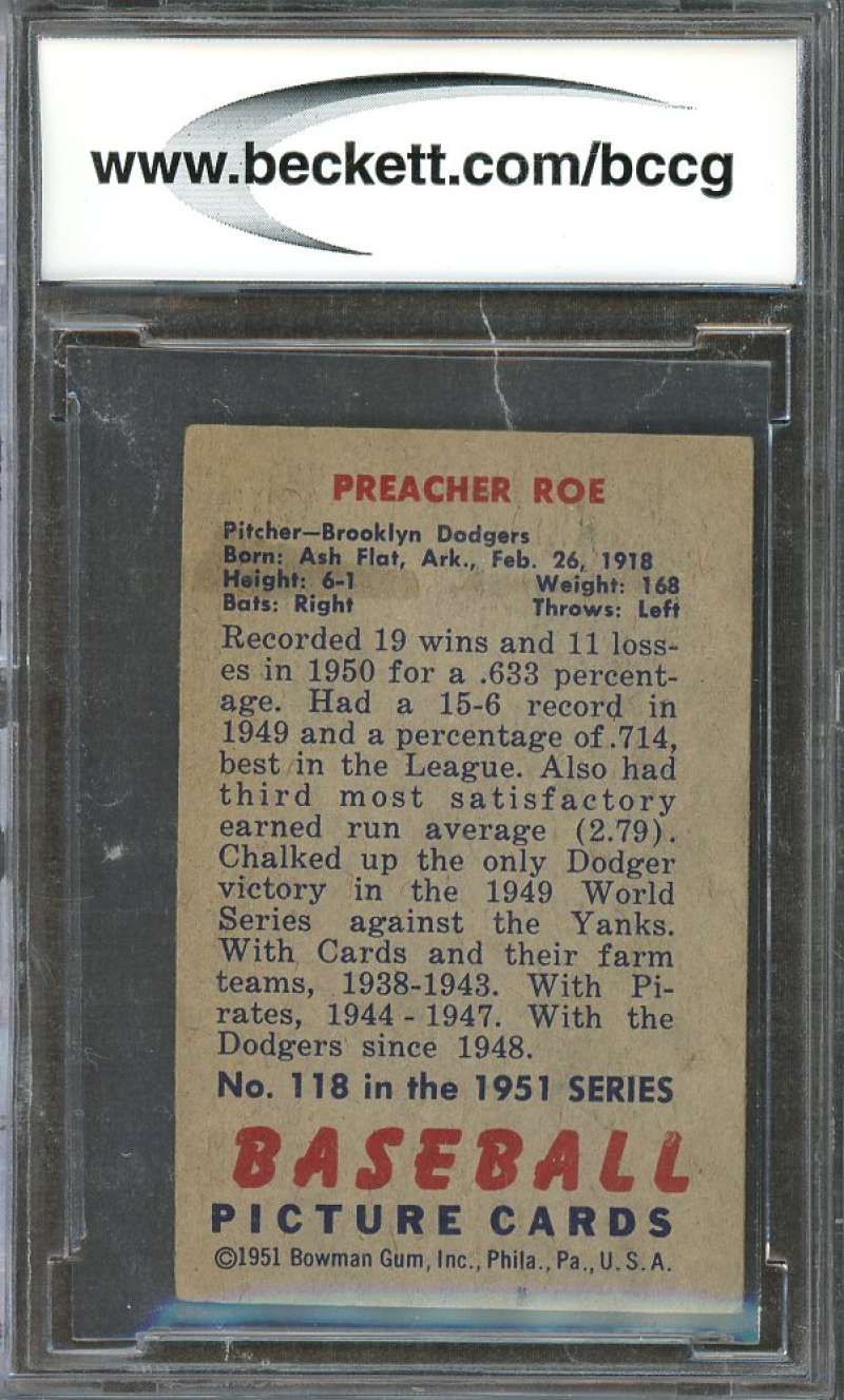 Preacher Roe Card 1951 Bowman #118 Brooklyn Dodgers (Vg Or Better) BGS BCCG 7 Image 2