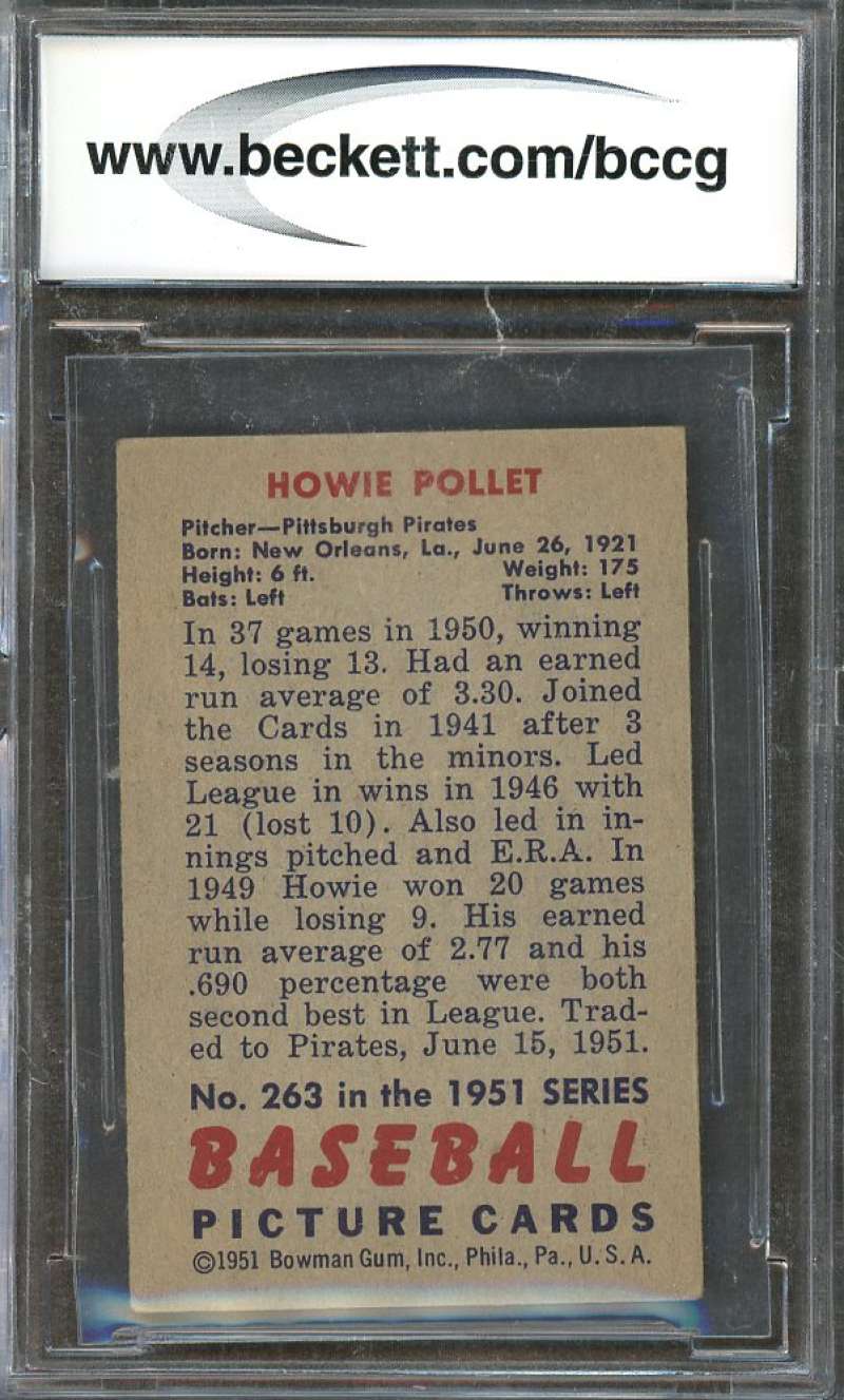 Howie Pollet Card 1951 Bowman #263 Pittsburgh Pirates (Ex Or Better) BGS BCCG 8 Image 2