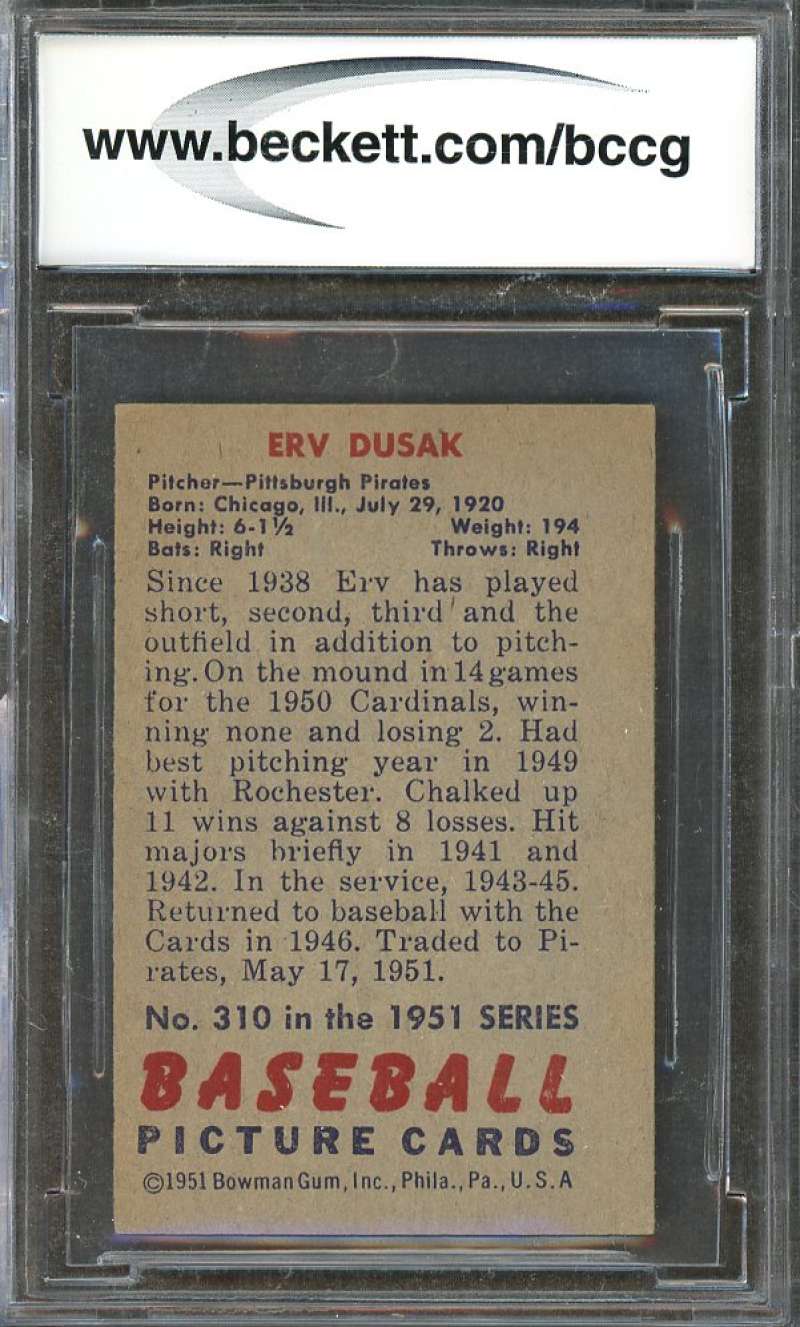 Erv Dusak Rookie Card 1951 Bowman #310 Pirates (Ex Or Better) BGS BCCG 8 Image 2