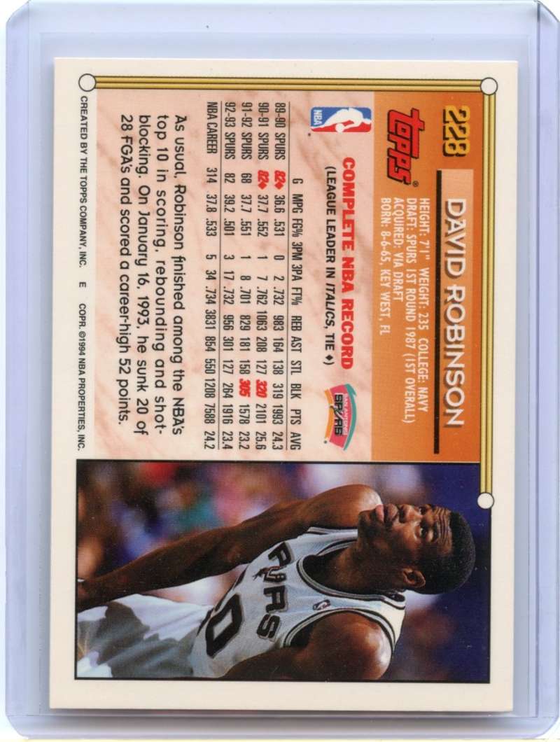 David Robinson Card 1993-94 Topps Gold #228 San Antonio Spurs Image 2