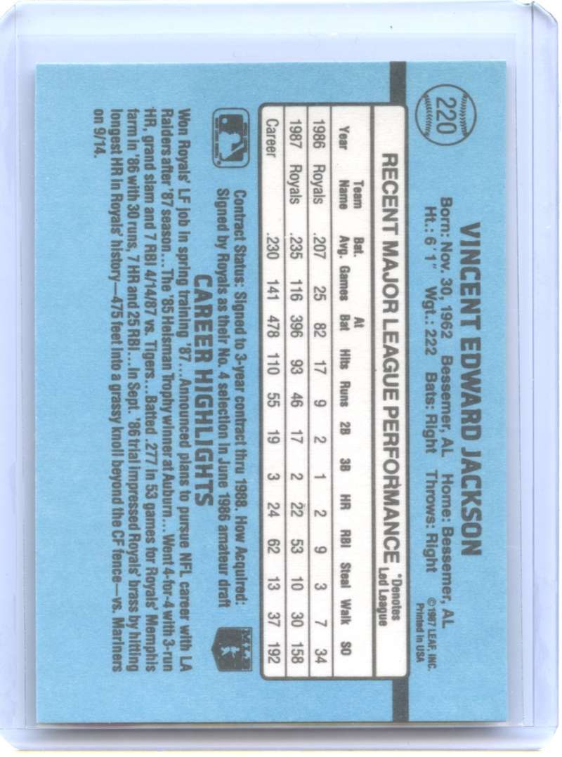 Bo Jackson Card 1988 Donruss 2nd Year #220 Kansas City Royals Image 2