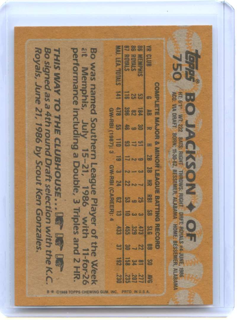 Bo Jackson Card 1988 Topps #750 2nd Year Kansas City Royals Image 2
