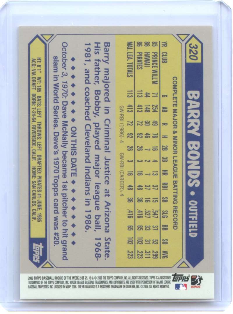 Barry Bonds Rookie Card 1987 Topps #320