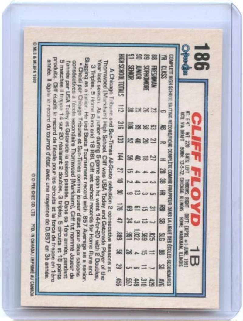 Cliff Floyd Rookie Card 1992 O-Pee-Chee #186 Montreal Expos Image 2