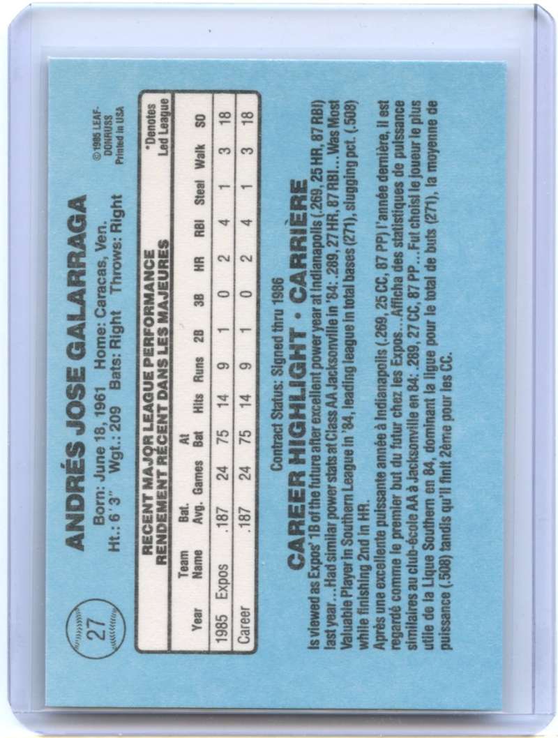 Andres Galarraga Rookie Card 1986 Leaf #27 Montreal Expos Image 2