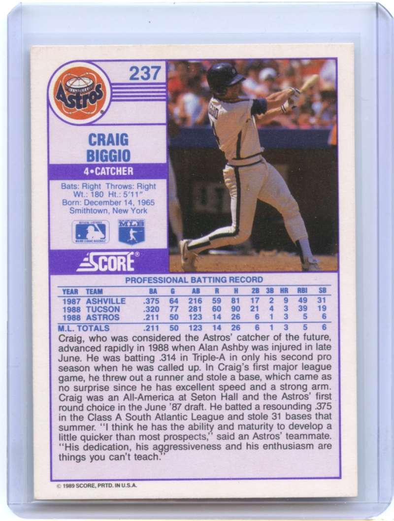 Craig Biggio Rookie Card 1989 Score #237 Houston Astros Image 2