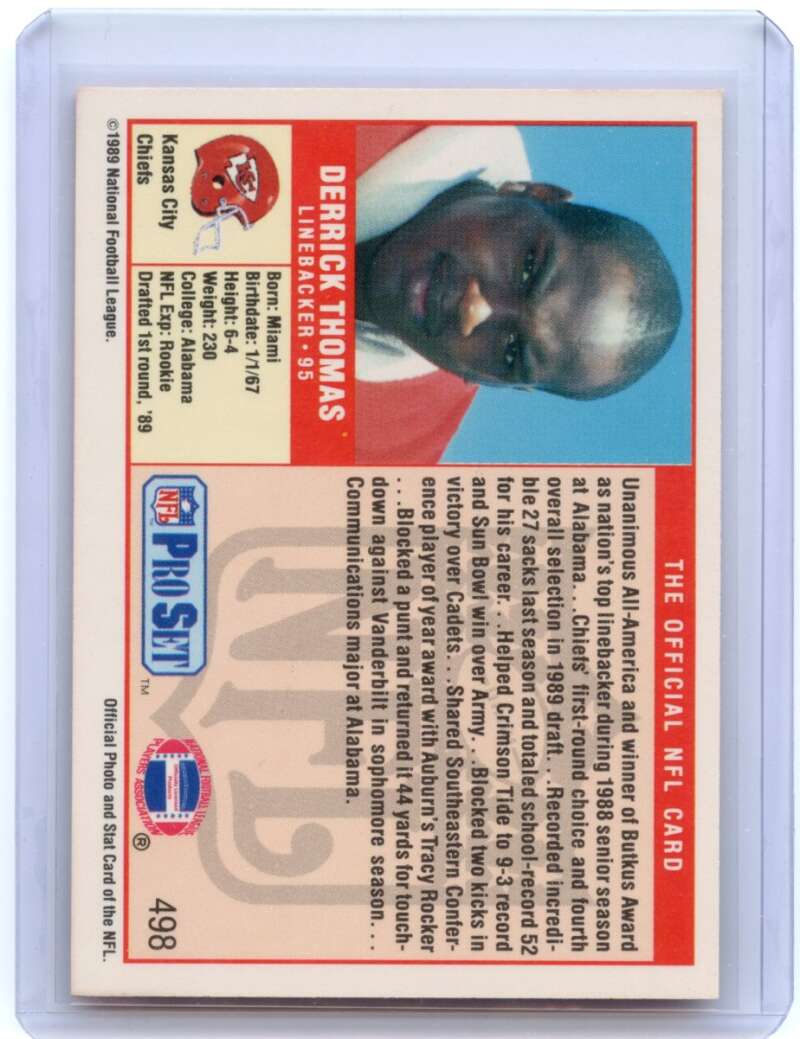 Derrick Thomas Rookie Card 1989 Pro Set #498 Kansas City Chiefs Image 2