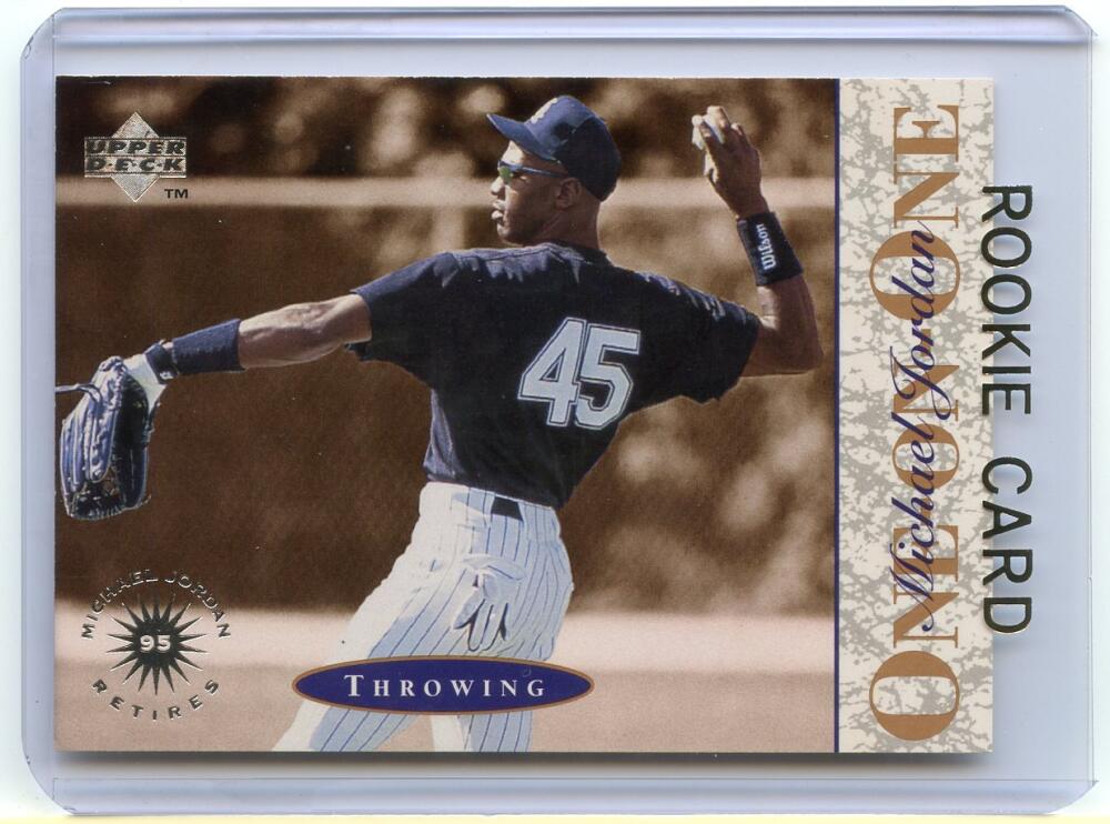 1995 Upper Deck #1 One on One Michael Jordan Throwing Baseball Rookie Card Image 1