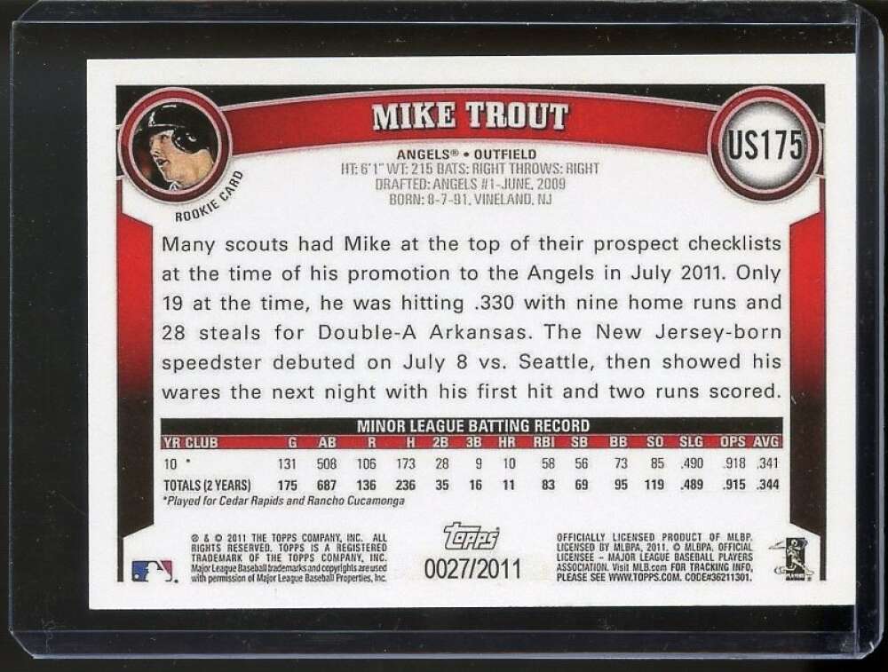 Mike Trout Rookie Card 2011 Topps Update Gold #US175 Los Angeles Angels REPRINT Image 2