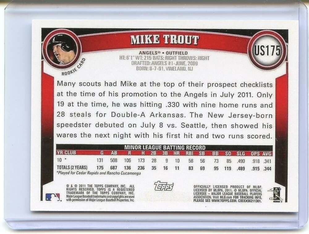 Mike Trout Rookie Card 2011 Topps Update #US175 Los Angeles Angels REPRINT Image 2