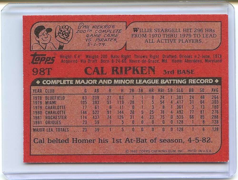 Cal Ripken Rookie Card 1982 Topps Traded #98T Baltimore Orioles REPRINT Image 2