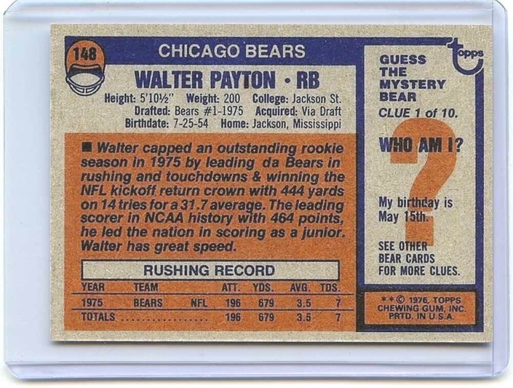 Walter Payton Rookie Card 1976 Topps #148 Chicago Bears REPRINT Image 2